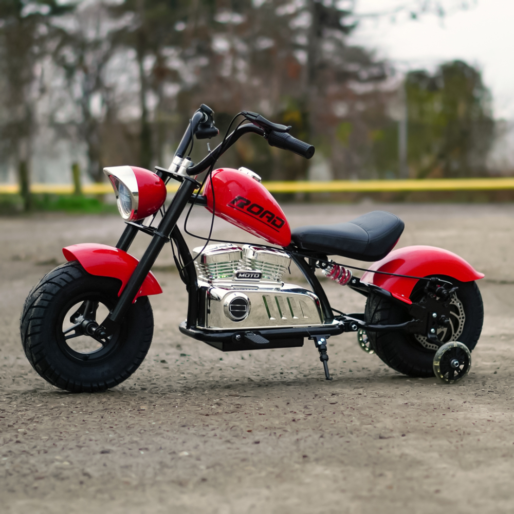 Motocicleta pentru copii intre 5 si 9 ani, Kinderauto Old School, 300W, 24V, cu roti gonflabile, scaun tapitat, premium, rosu [6]