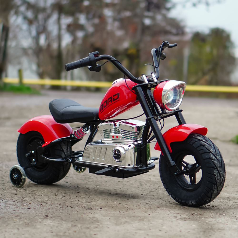 Motocicleta pentru copii intre 5 si 9 ani, Kinderauto Old School, 300W, 24V, cu roti gonflabile, scaun tapitat, premium, rosu [3]