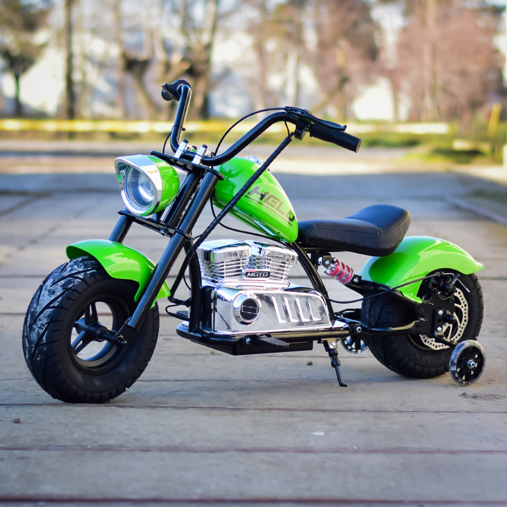 Motocicleta pentru copii intre 5 si 9 ani, Kinderauto Old School, 300W, 24V, cu roti gonflabile, scaun tapitat, premium, verde [3]