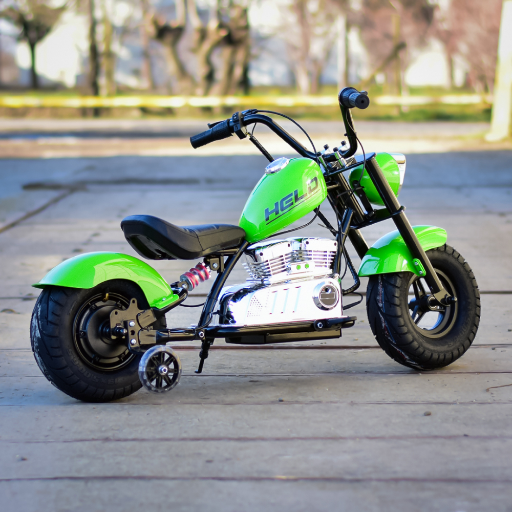 Motocicleta pentru copii intre 5 si 9 ani, Kinderauto Old School, 300W, 24V, cu roti gonflabile, scaun tapitat, premium, verde [7]