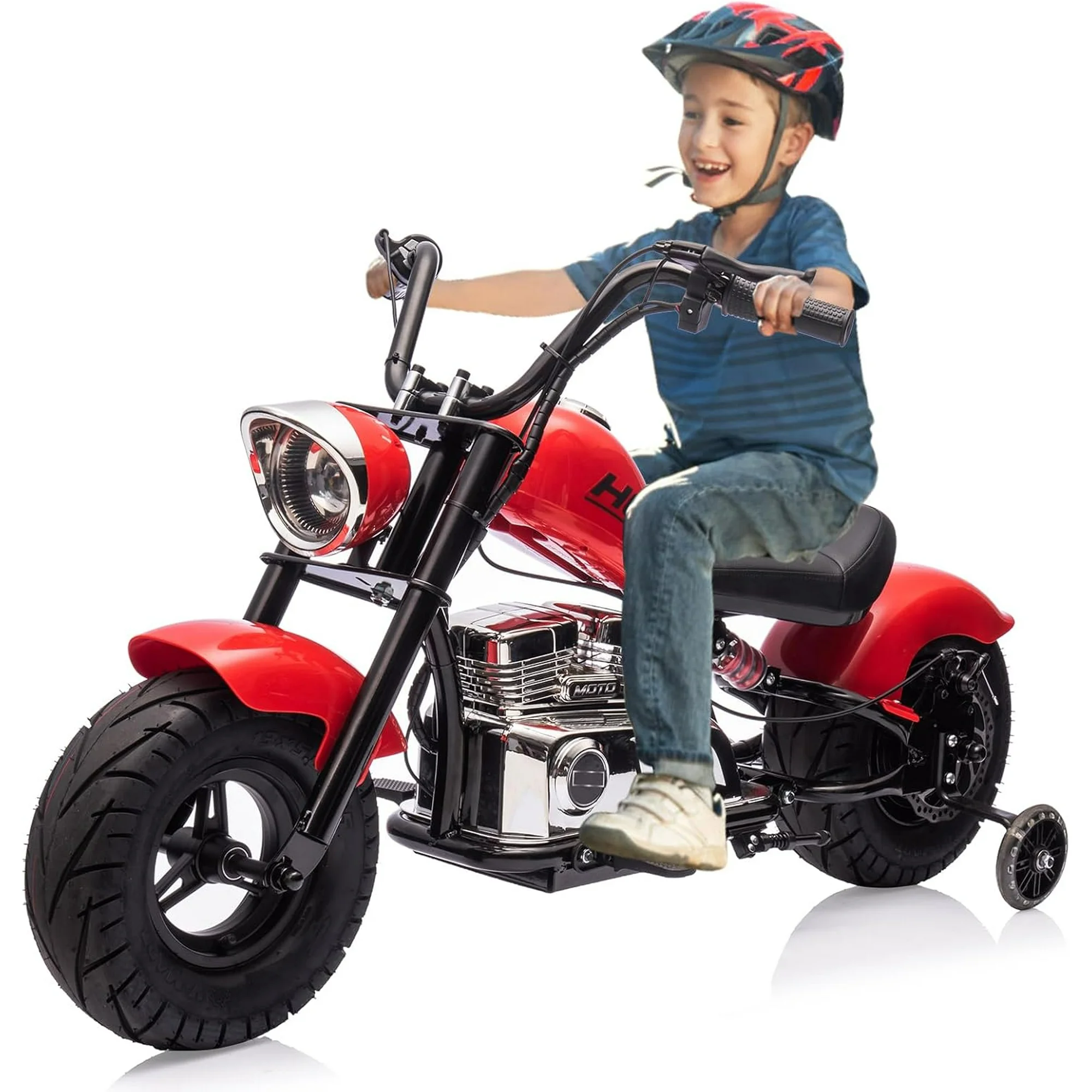 Motocicleta pentru copii intre 5 si 9 ani, Kinderauto Old School, 300W, 24V, cu roti gonflabile, scaun tapitat, premium, rosu [3]