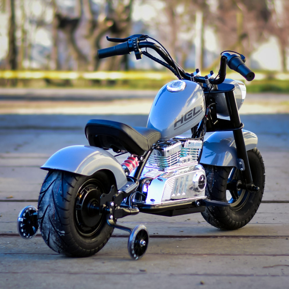 Motocicleta pentru copii Kinderauto Old School, 300W, 24V, cadru otel, roti moi gonflabile, bluetooth, scaun tapitat, gri [5]