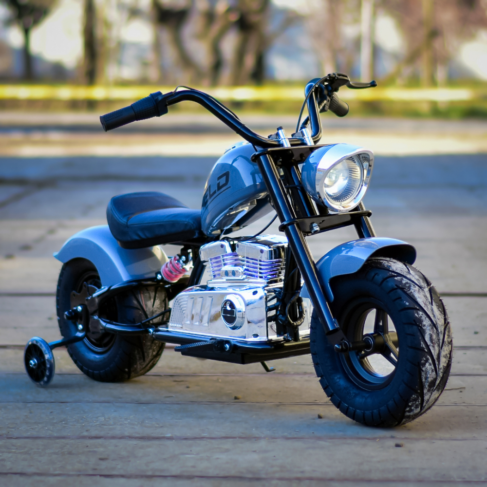 Motocicleta pentru copii Kinderauto Old School, 300W, 24V, cadru otel, roti moi gonflabile, bluetooth, scaun tapitat, gri [7]