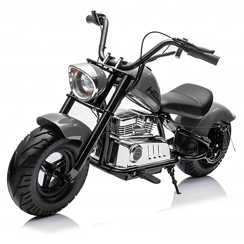 Motocicleta pentru copii Kinderauto Old School, 300W, 24V, cadru otel, roti moi gonflabile, bluetooth, scaun tapitat, gri