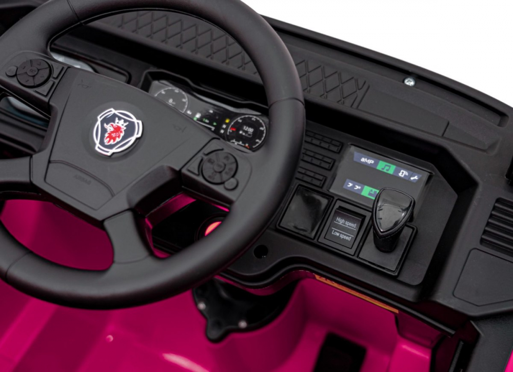 SCANIA R-SERIES, camion electric pentru copii, tractiune 4x4, 180W, 12V 14Ah, roti moi, scaun tapitat, echipare Premium, roz [7]