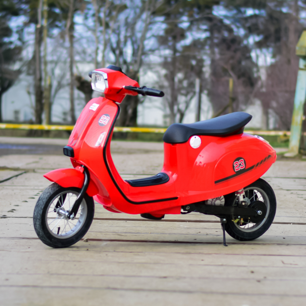 Scuter electric pentru copii, Kinderauto Retro, 350W, 24V 10Ah, roti gonflabile, music player, cadru robust, rosu [3]