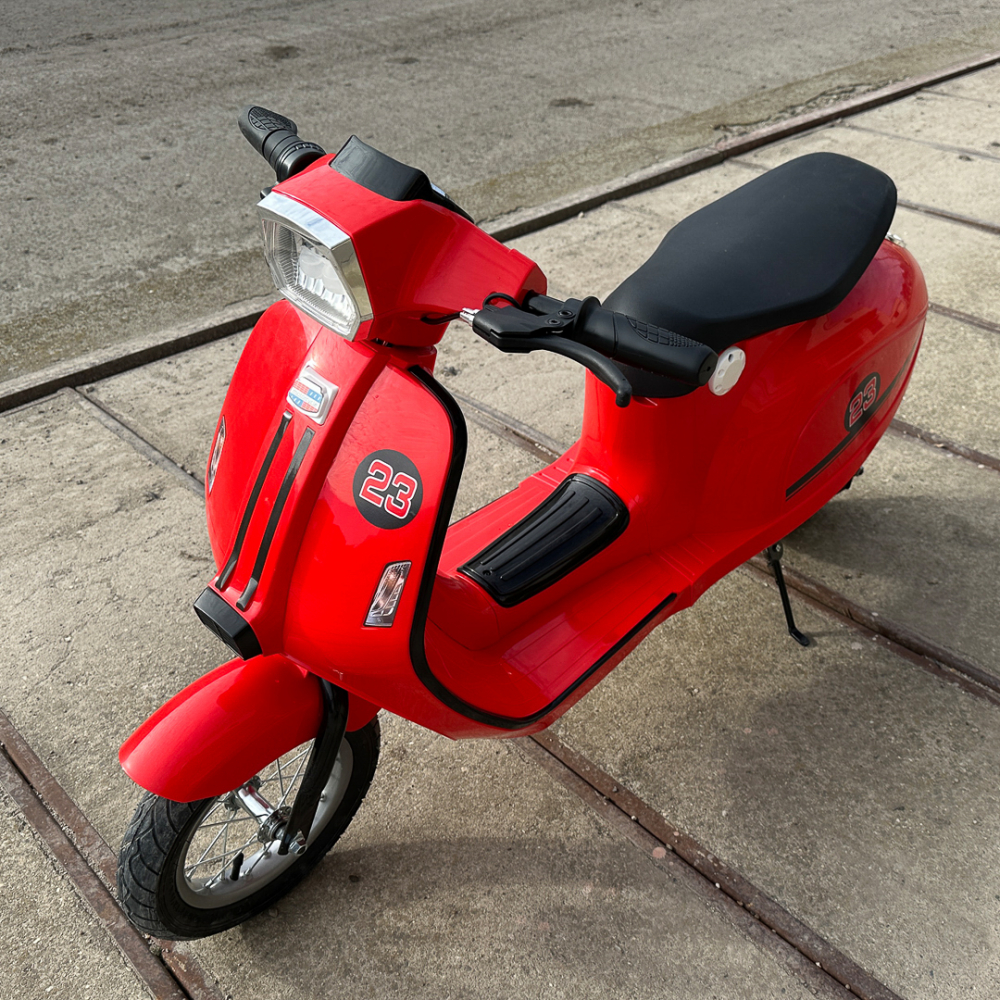 Scuter electric pentru copii, Kinderauto Retro, 350W, 24V 10Ah, roti gonflabile, music player, cadru robust, rosu [12]