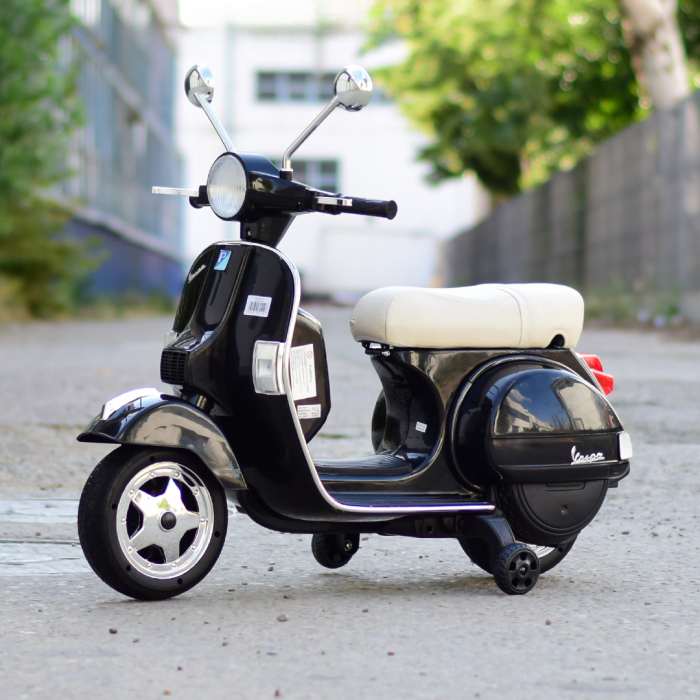 Scuter electric pentru copii Piaggio PX150, 70W, 12V, roti moi si scaun tapitat, echipare Premium, negru [3]
