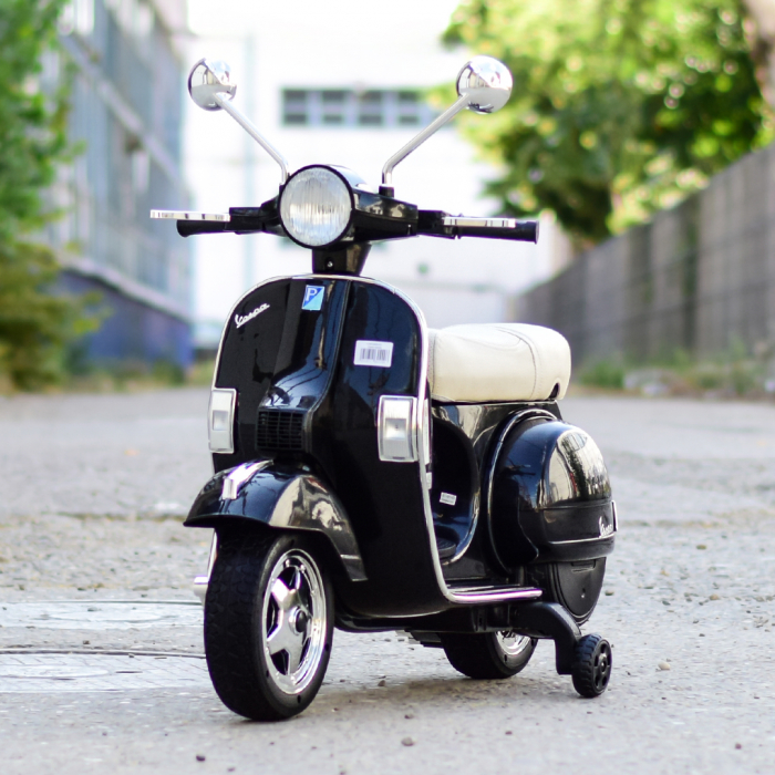 Scuter electric pentru copii Piaggio PX150, 70W, 12V, roti moi si scaun tapitat, echipare Premium, negru [2]