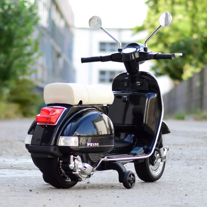 Scuter electric pentru copii Piaggio PX150, 70W, 12V, roti moi si scaun tapitat, echipare Premium, negru [6]
