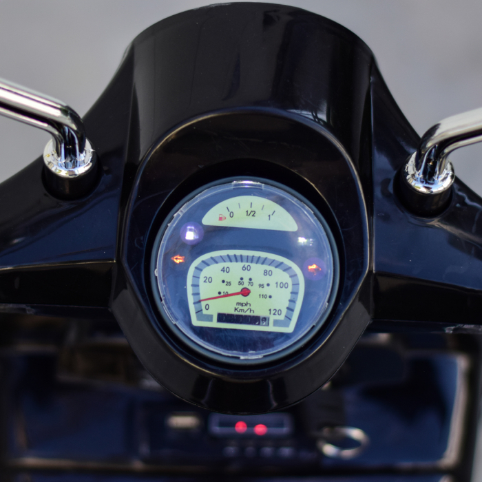 Scuter electric pentru copii Piaggio PX150, 70W, 12V, roti moi si scaun tapitat, echipare Premium, negru [13]