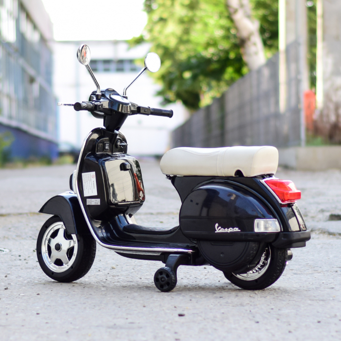 Scuter electric pentru copii Piaggio PX150, 70W, 12V, roti moi si scaun tapitat, echipare Premium, negru [4]