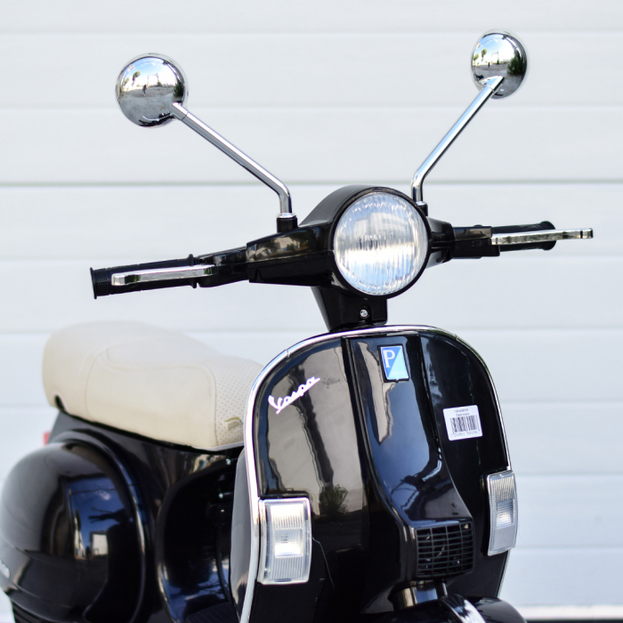 Scuter electric pentru copii Piaggio PX150, 70W, 12V, roti moi si scaun tapitat, echipare Premium, negru [12]