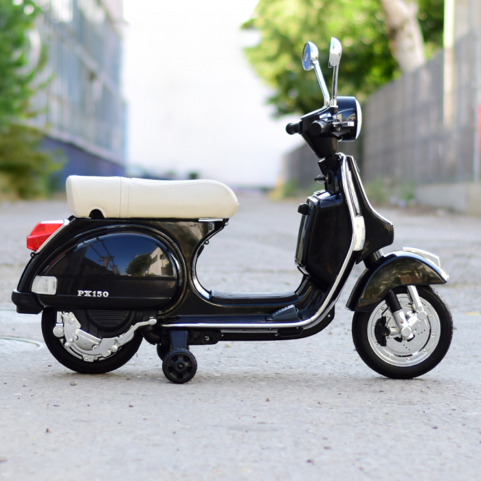 Scuter electric pentru copii Piaggio PX150, 70W, 12V, roti moi si scaun tapitat, echipare Premium, negru [7]