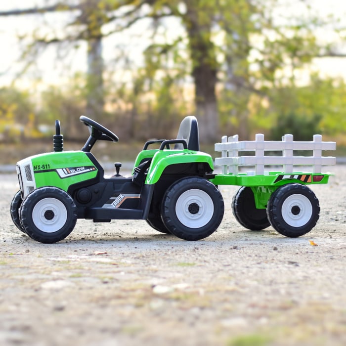 Tractoras electric Kinderauto BJ-611, 70W, 12V PREMIUM cu remorca si telecomanda #Verde [2]