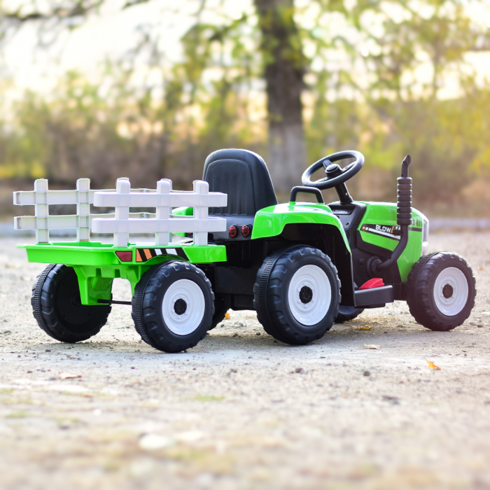 Tractoras electric Kinderauto BJ-611, 70W, 12V PREMIUM cu remorca si telecomanda #Verde [5]