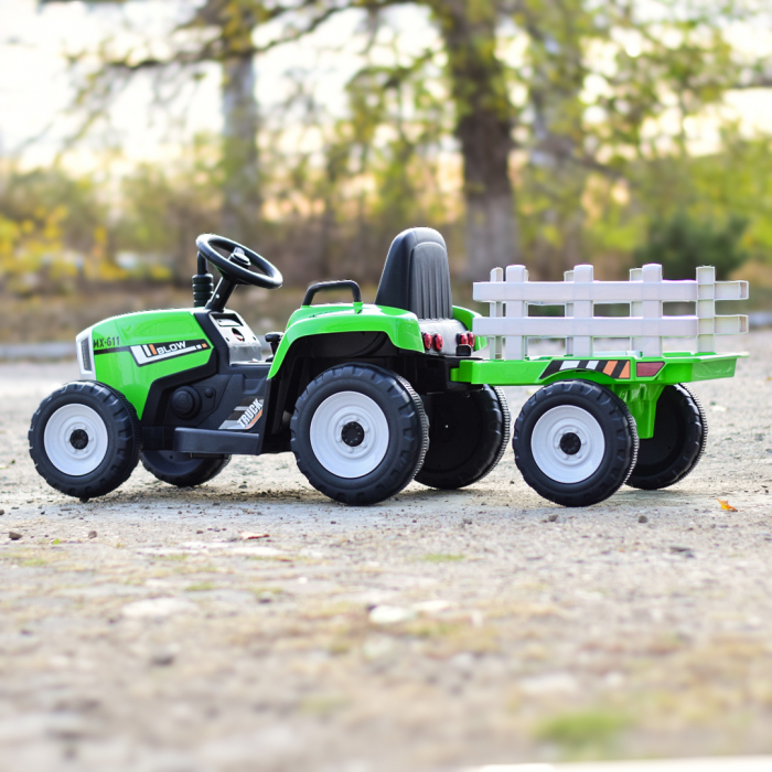 Tractoras electric Kinderauto BJ-611, 70W, 12V PREMIUM cu remorca si telecomanda #Verde [3]