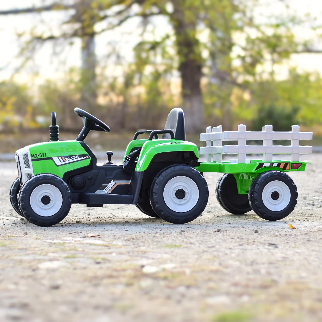 Tractoras electric Kinderauto BJ-611 70W 12V cu remorca si telecomanda #Verde [9]