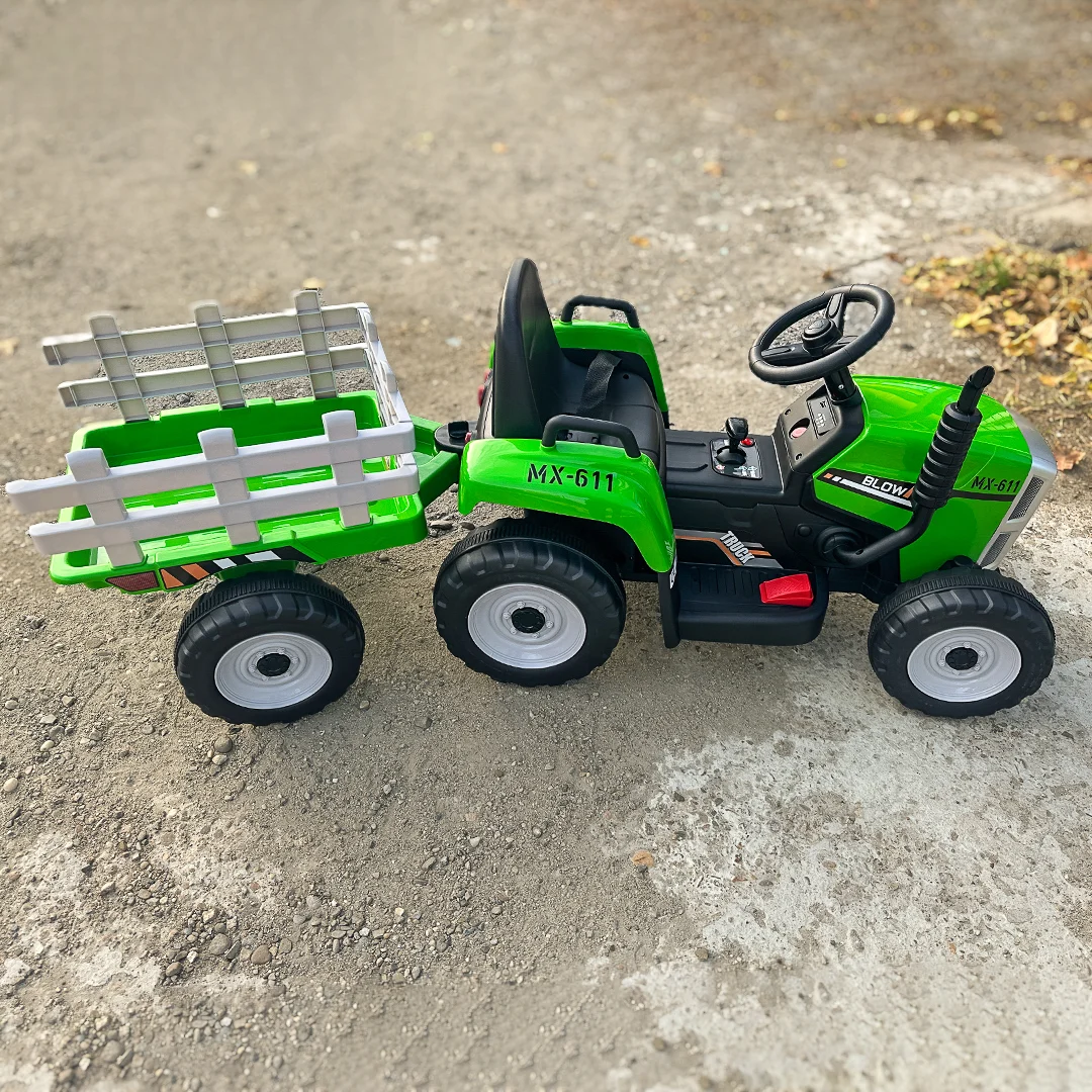 Tractoras electric Kinderauto BJ-611 70W 12V cu remorca si telecomanda #Verde [15]