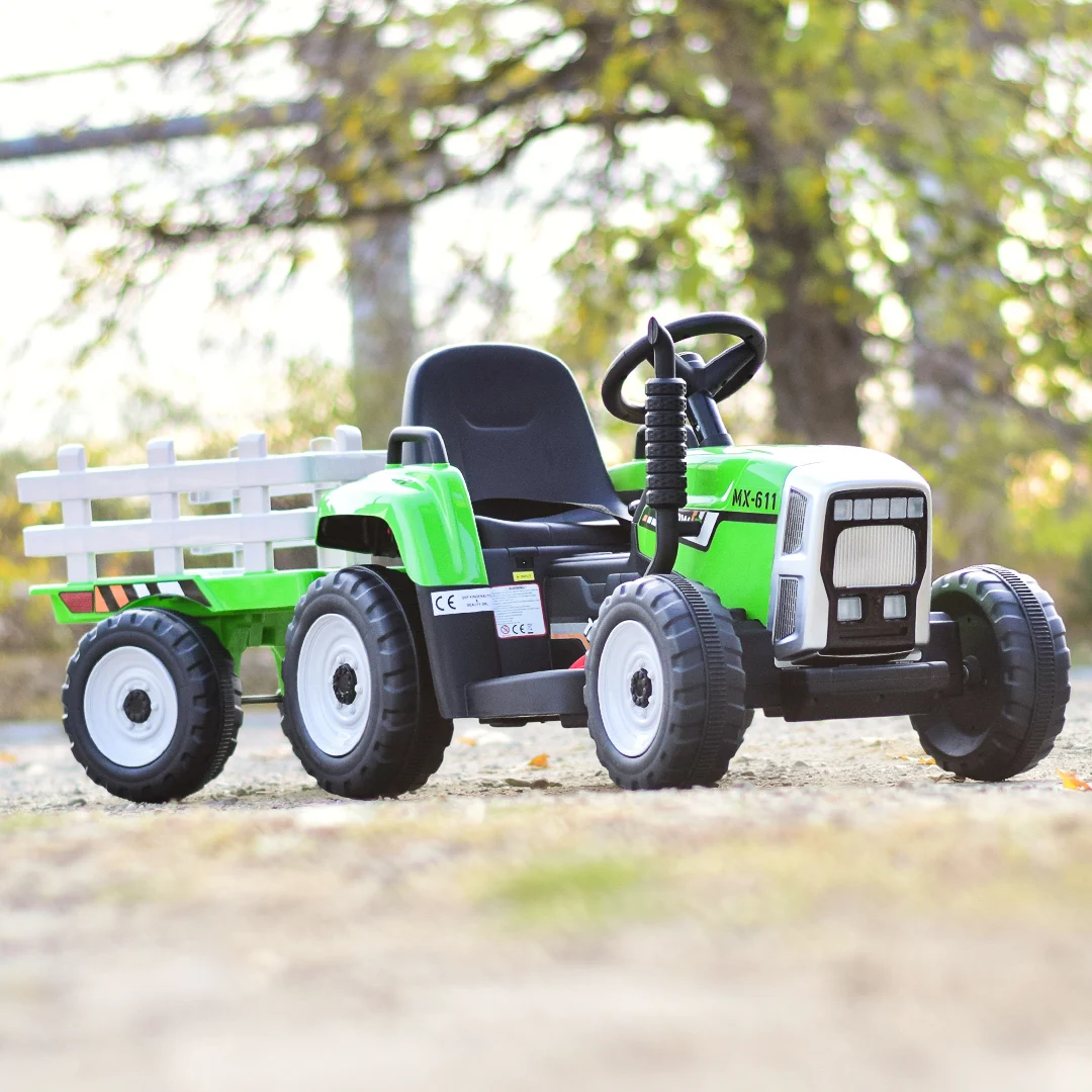 Tractoras electric Kinderauto BJ-611 70W 12V cu remorca si telecomanda #Verde [2]
