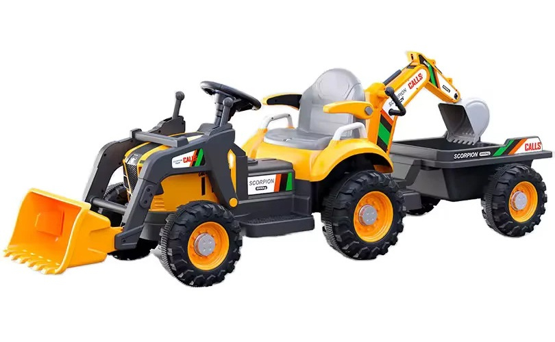 Tractoras electric pentru copii cu remorca, incarcator frontal si cupa spate, Kinderauto BRJ1588, 70W, 12V, galben