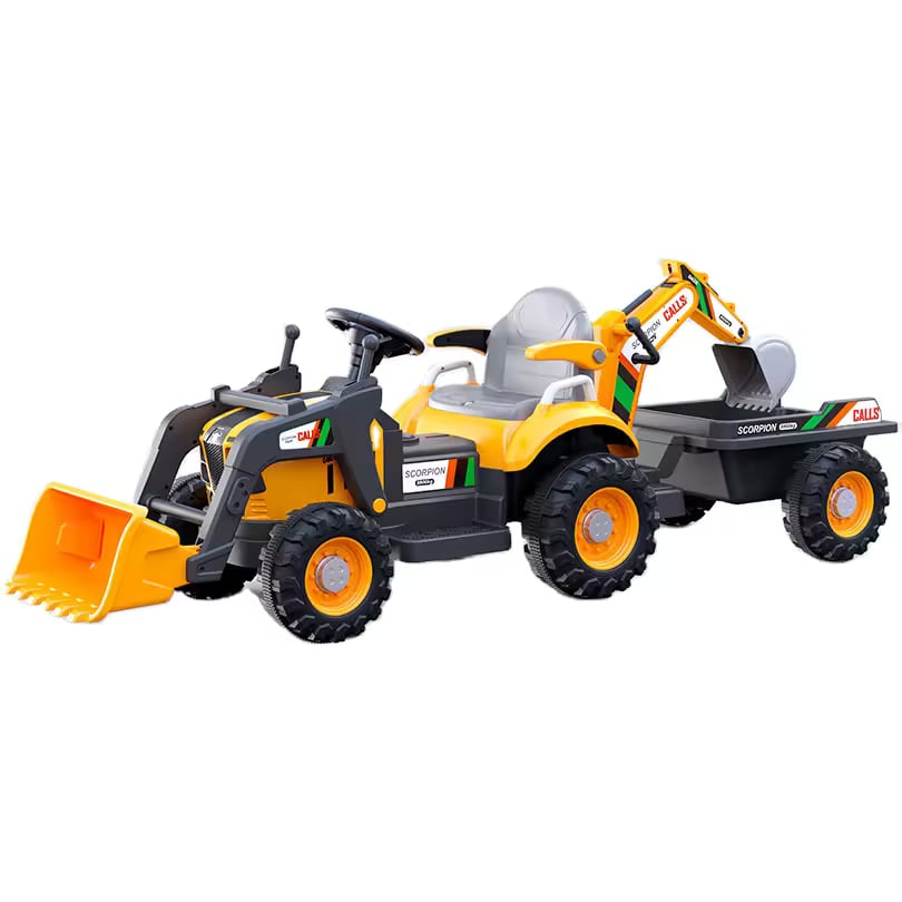 Tractoras electric pentru copii cu remorca, incarcator frontal si cupa spate, Kinderauto BRJ1588, 70W, 12V, galben