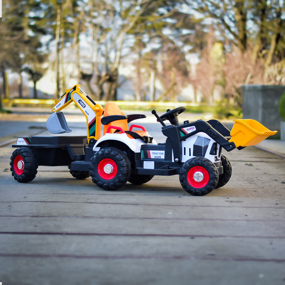 Tractoras electric pentru copii cu remorca, incarcator frontal si cupa spate, Kinderauto BRJ1588, 70W, 12V, galben [4]