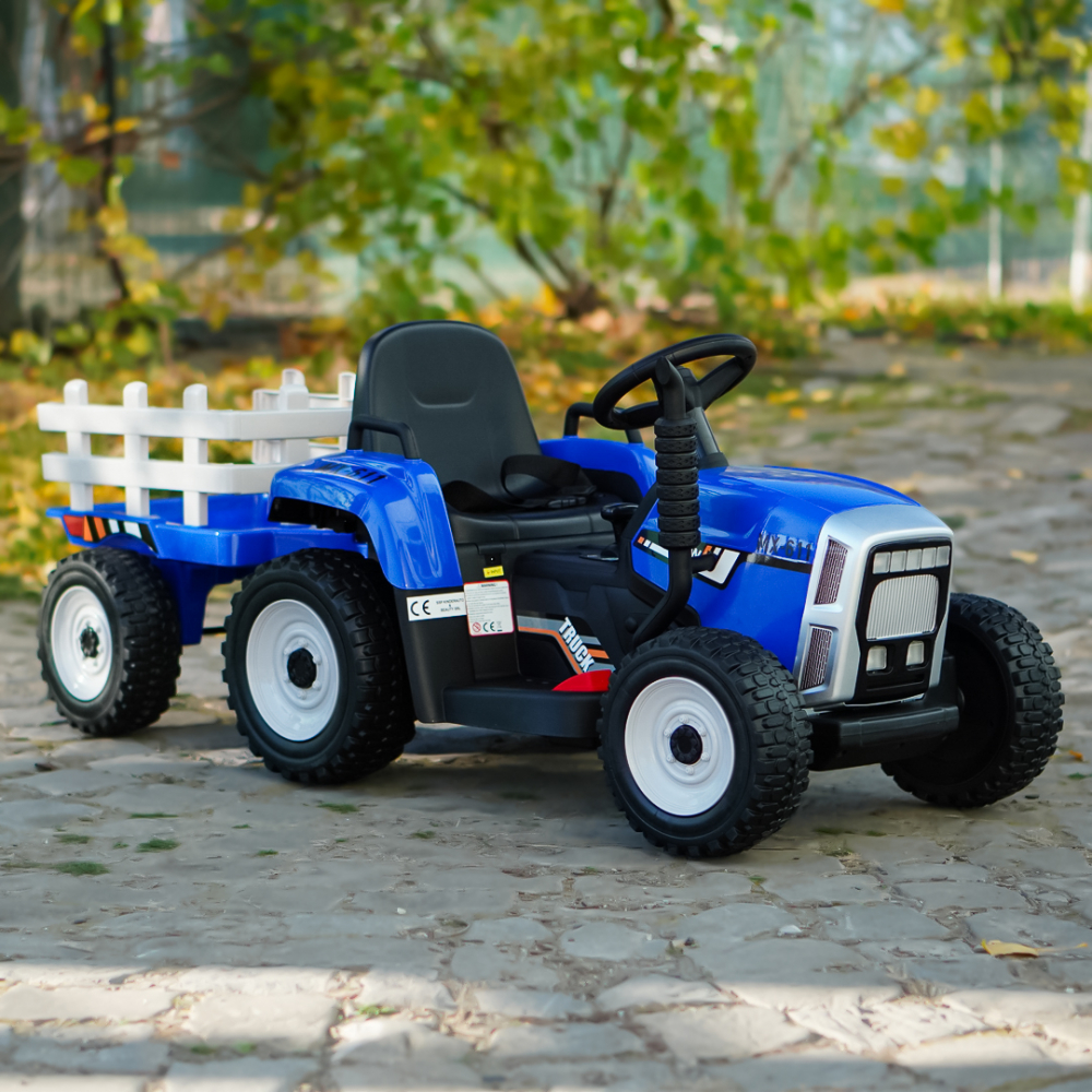 Tractoras electric pentru copii, Kinderauto BJ-611, 60W 12V, cu remorca si telecomanda, roti moi EVA, albastru [3]