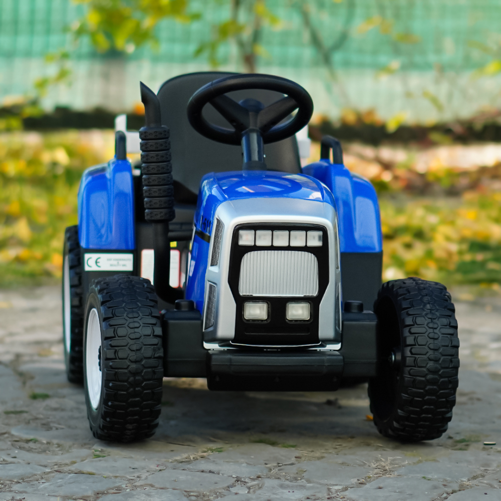 Tractoras electric pentru copii, Kinderauto BJ-611, 60W 12V, cu remorca si telecomanda, roti moi EVA, albastru [4]