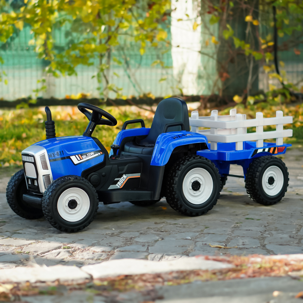 Tractoras electric pentru copii, Kinderauto BJ-611, 60W 12V, cu remorca si telecomanda, roti moi EVA, albastru [6]