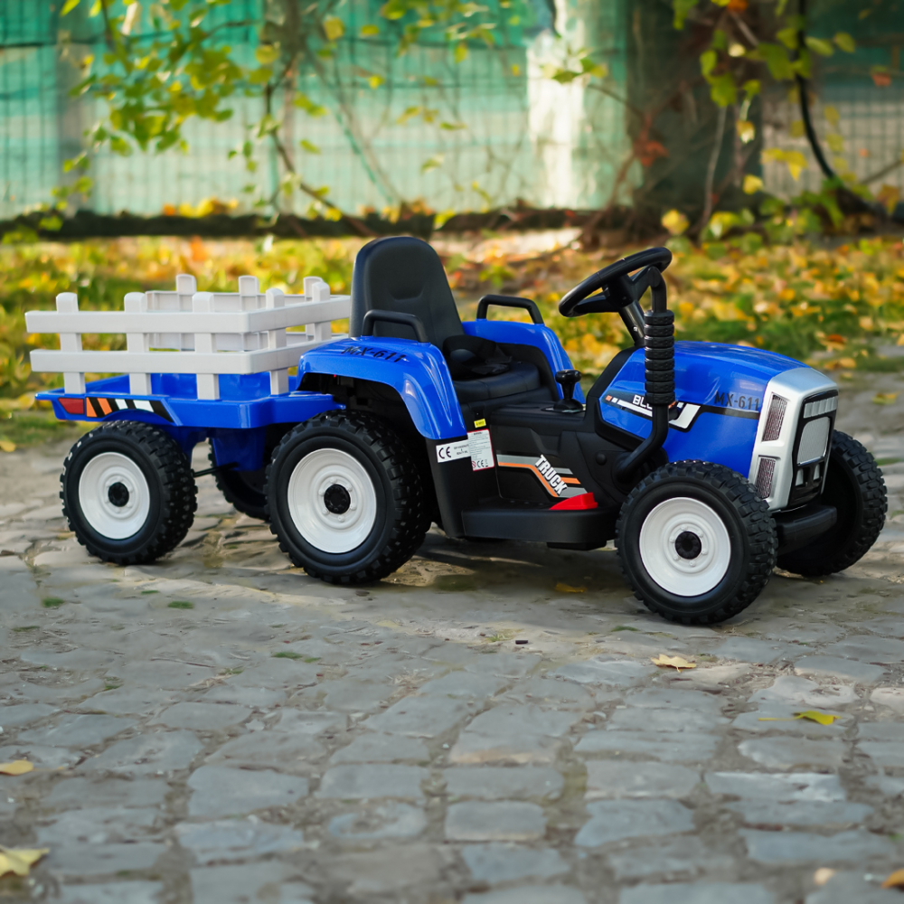 Tractoras electric pentru copii, Kinderauto BJ-611, 60W 12V, cu remorca si telecomanda, roti moi EVA, albastru [9]