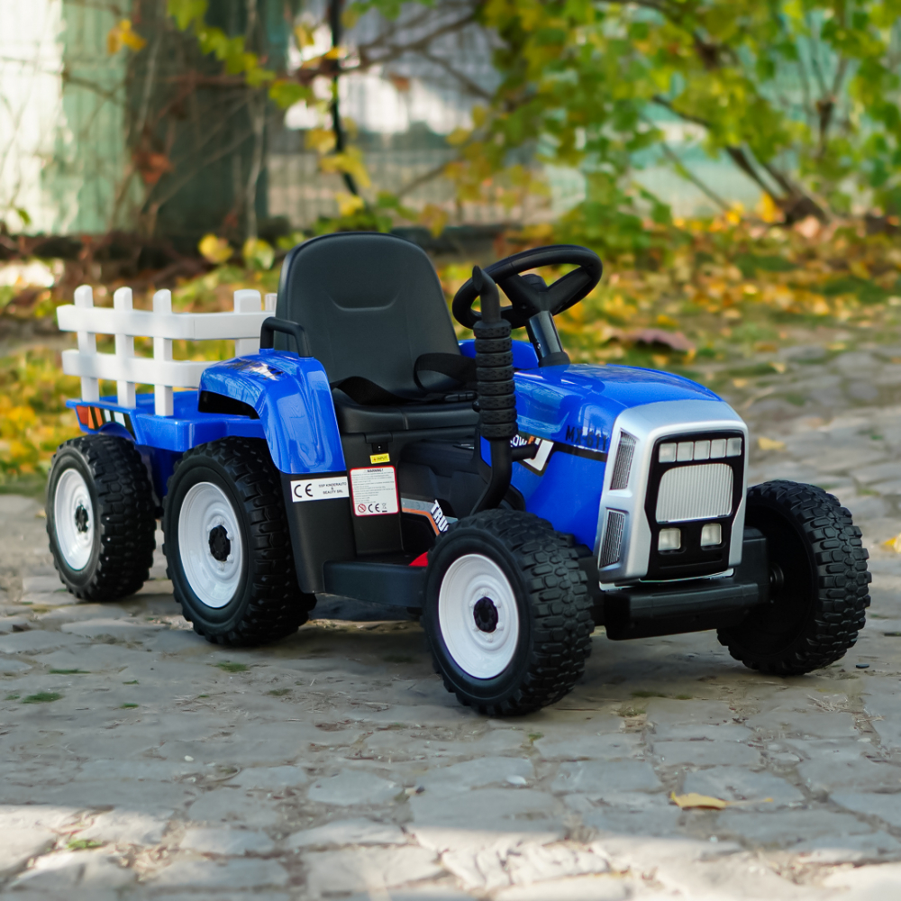 Tractoras electric pentru copii, Kinderauto BJ-611, 60W 12V, cu remorca si telecomanda, roti moi EVA, albastru [2]