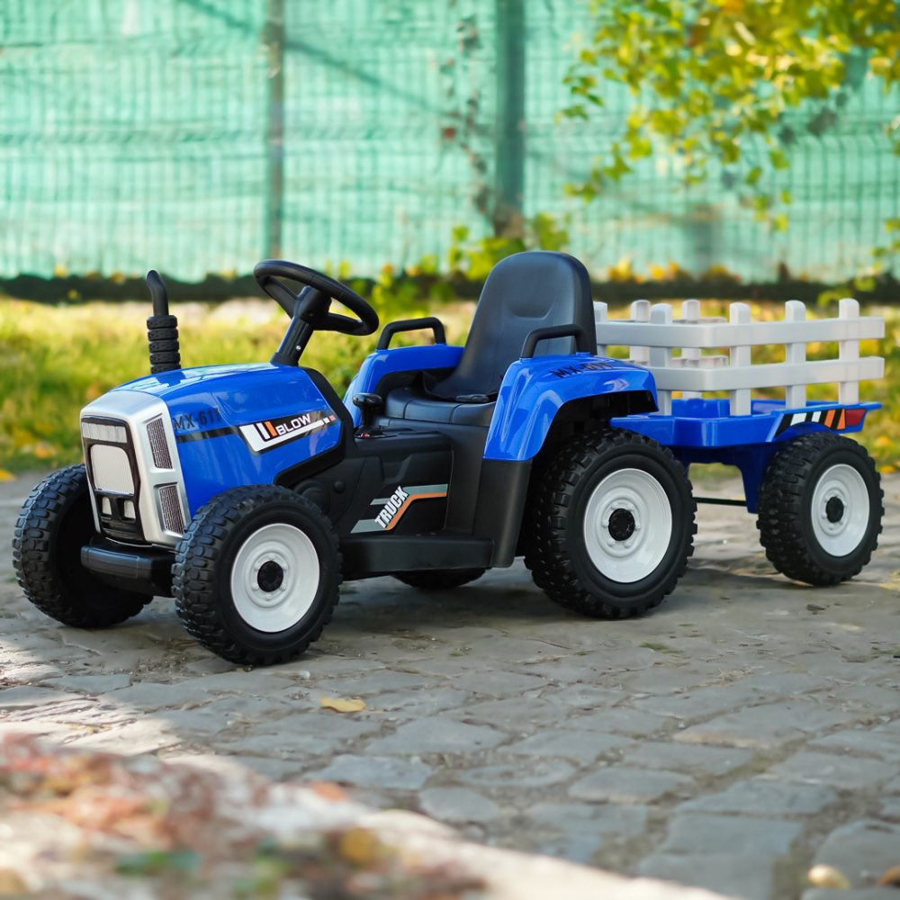 Tractoras electric pentru copii, Kinderauto BJ-611, 70W, 12V, echipare, PREMIUM cu remorca si telecomanda, albastru [3]