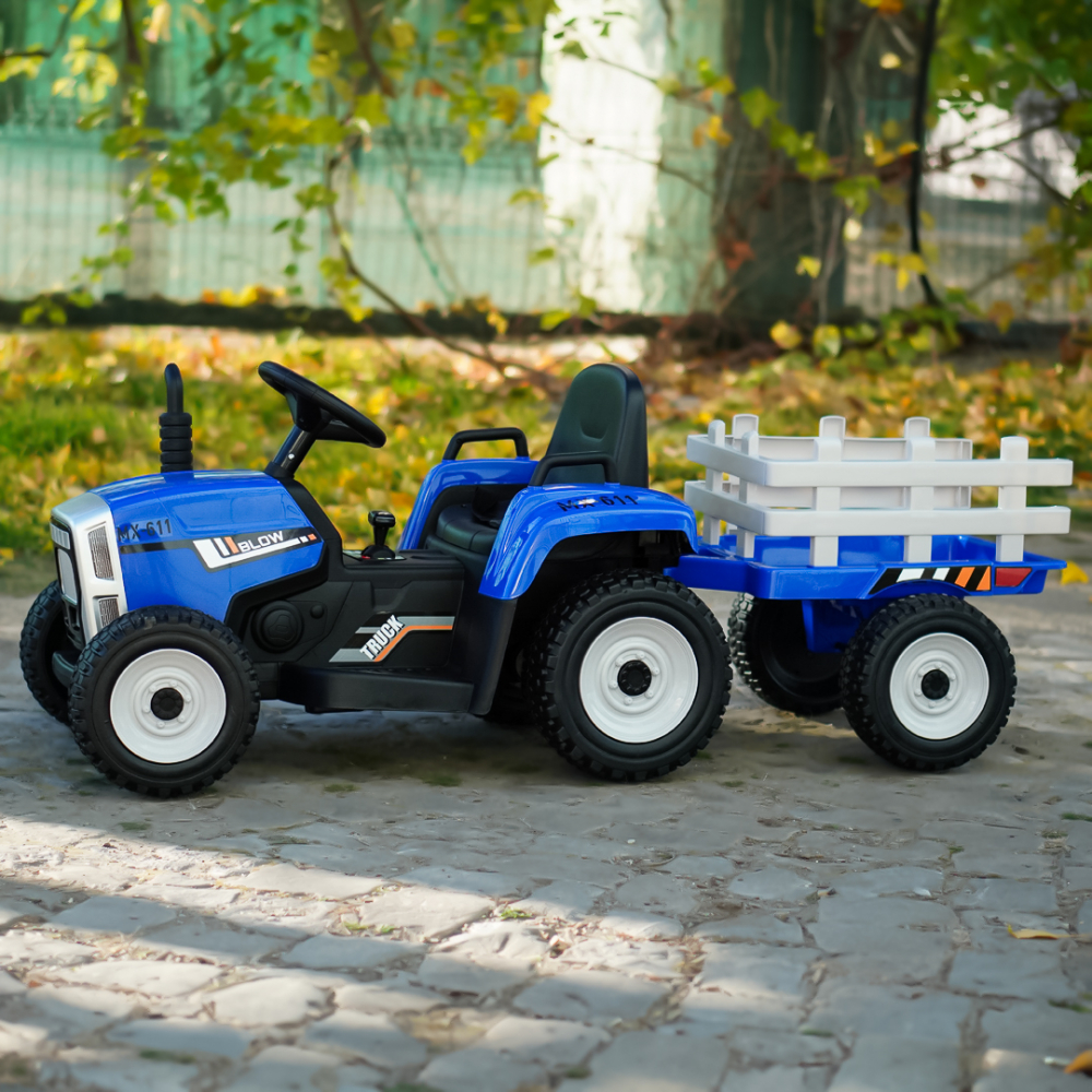 Tractoras electric pentru copii, Kinderauto BJ-611, 70W, 12V, echipare, PREMIUM cu remorca si telecomanda, albastru [4]