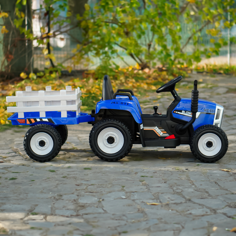 Tractoras electric pentru copii, Kinderauto BJ-611, 70W, 12V, echipare, PREMIUM cu remorca si telecomanda, albastru [8]