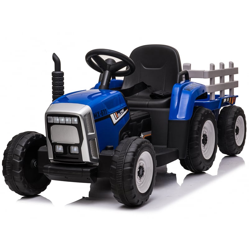 Tractoras electric pentru copii, Kinderauto BJ-611, 70W, 12V, echipare, PREMIUM cu remorca si telecomanda, albastru