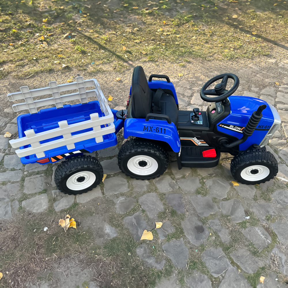 Tractoras electric pentru copii, Kinderauto BJ-611, 70W, 12V, echipare, PREMIUM cu remorca si telecomanda, albastru [6]