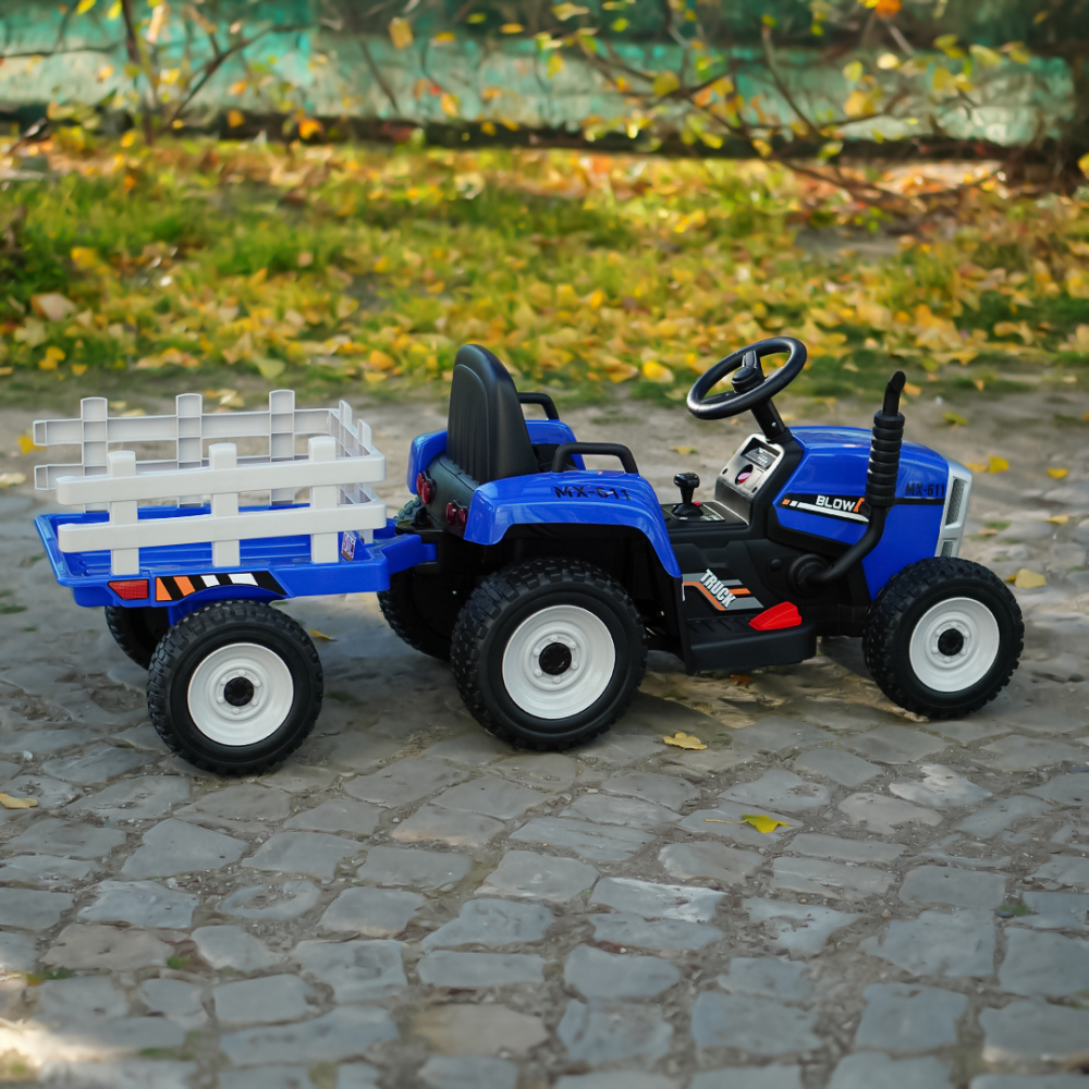 Tractoras electric pentru copii, Kinderauto BJ-611, 70W, 12V, echipare, PREMIUM cu remorca si telecomanda, albastru [7]