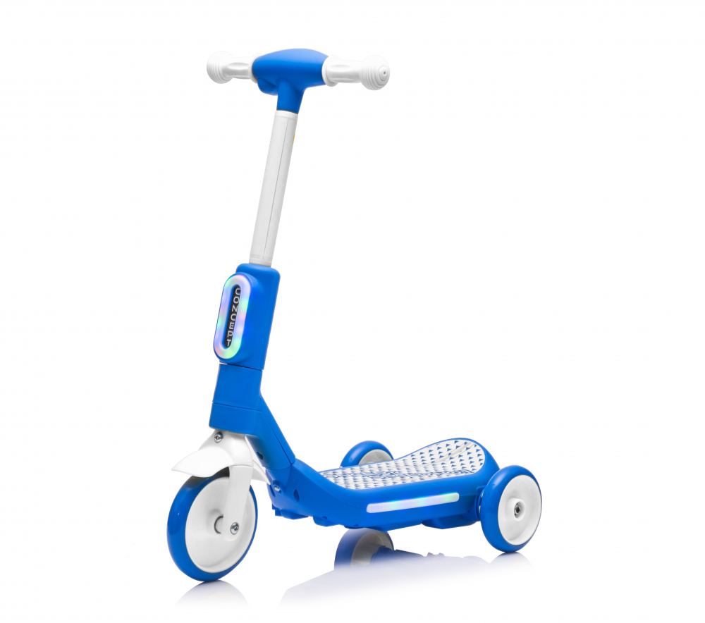 Trotineta electrica cu aburi si lumini pentru copii, cu 3 roti, stabila, Kinderauto Aquamist, 30W, 6V 4.5Ah, alb cu albastru