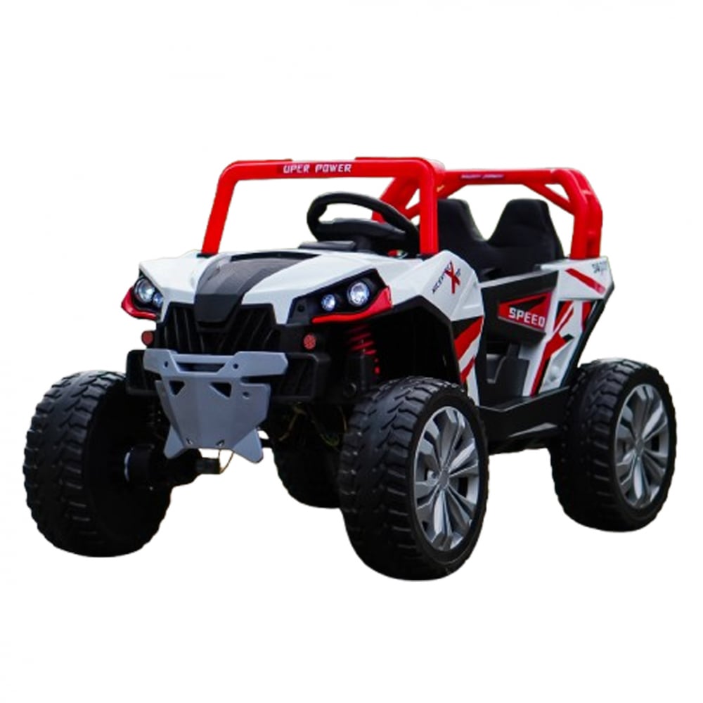 UTV electric pentru copii, Kinderauto RSR 4×4 120W 12V, cu roti moi si scaun tapitat, rosu cu alb