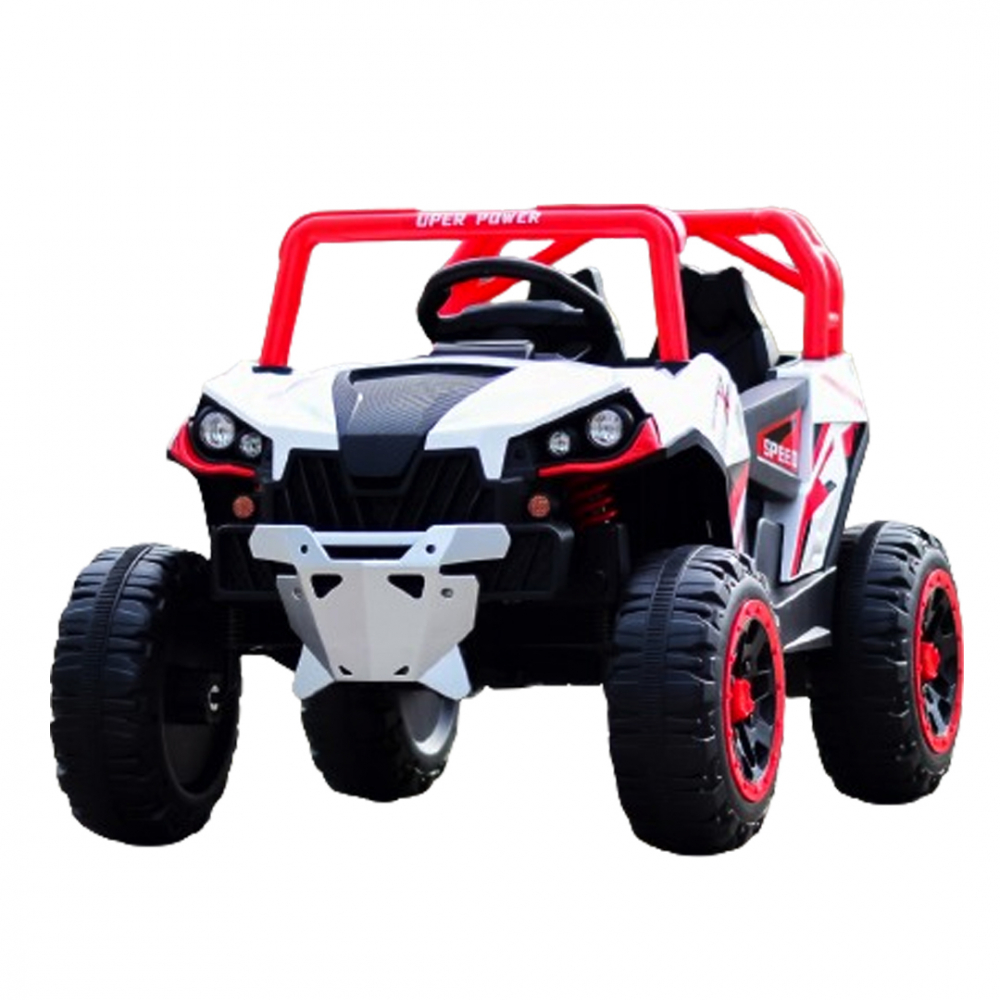 UTV electric pentru copii, Kinderauto RSR 4x4 120W 12V, cu roti moi si scaun tapitat, rosu cu alb