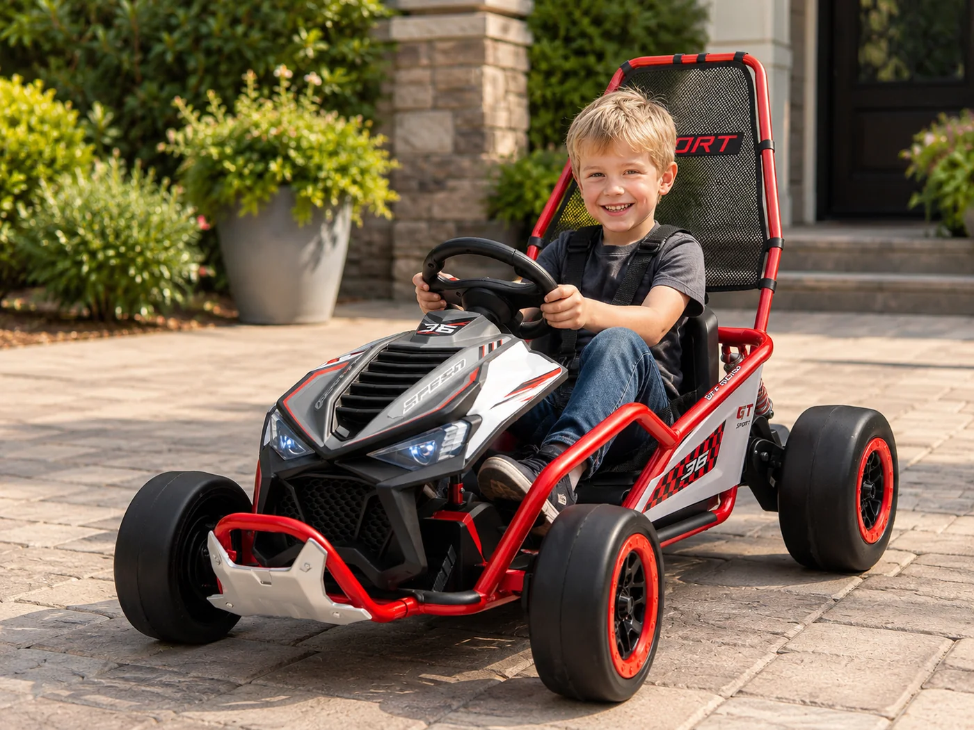 Go-Kart electric cu functie DRIFT, recomandat 4-8 ani, 300W, 24V 10Ah, scaun tapitat, rosu [14]