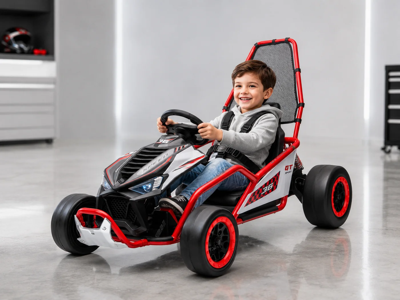 Go-Kart electric cu functie DRIFT, recomandat 4-8 ani, 300W, 24V 10Ah, scaun tapitat, rosu [8]