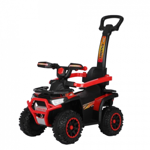 Masinute electrice - ATV electric cu maner 3 in 1, Kinderauto Warrior, pentru copii 1-3 ani, 30W 6V, roti moi, scaun tapitat, parasolar, echipare Premium, rosu