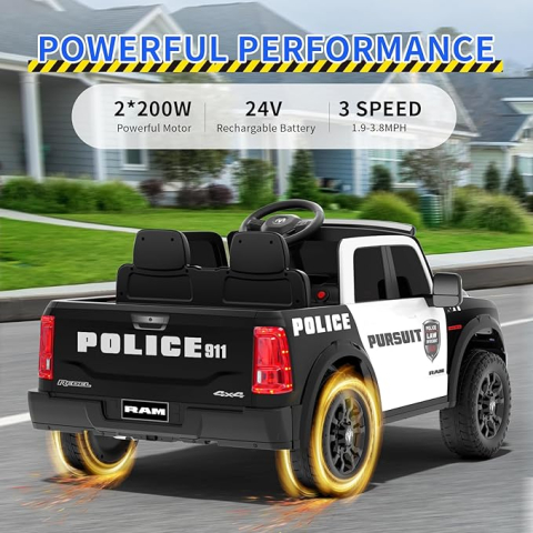 Masinuta electrica de politie pentru 2 copii, DODGE RAM 2500 REBEL, 400W, 24V, echipare, premium, neagra [15]