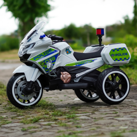 Motocicleta cu 3 roti, Kinderauto POLICE BJML5188 60W, 6V cu scaun tapitat, culoare alba [4]