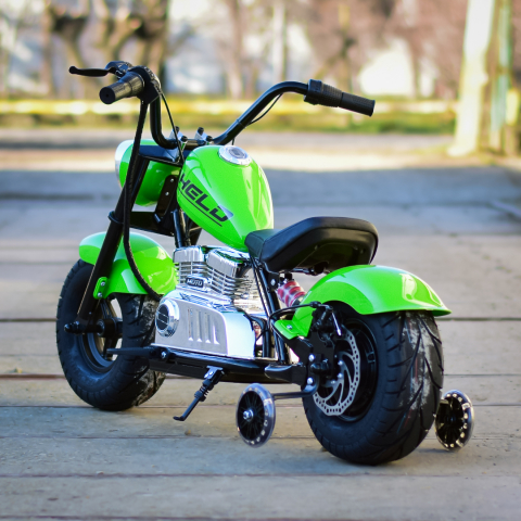 Motocicleta pentru copii intre 5 si 9 ani, Kinderauto Old School, 300W, 24V, cu roti gonflabile, scaun tapitat, premium, verde [8]