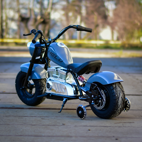 Motocicleta pentru copii Kinderauto Old School, 300W, 24V, cadru otel, roti moi gonflabile, bluetooth, scaun tapitat, gri [3]