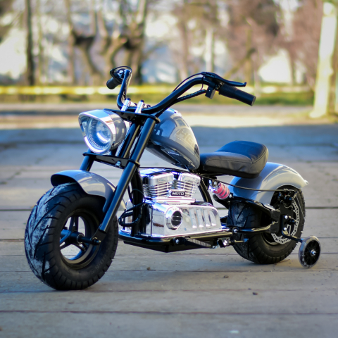 Motocicleta pentru copii Kinderauto Old School, 300W, 24V, cadru otel, roti moi gonflabile, bluetooth, scaun tapitat, gri [1]