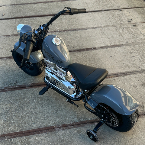 Motocicleta pentru copii Kinderauto Old School, 300W, 24V, cadru otel, roti moi gonflabile, bluetooth, scaun tapitat, gri [7]